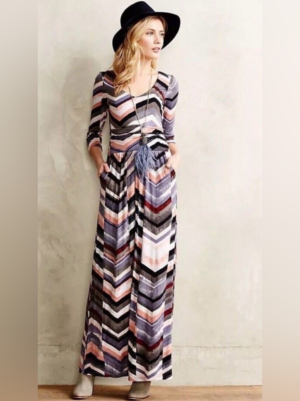 Maeve Anthropologie Novela Chevron Maxi Dress Small Ruched Boho Pockets
